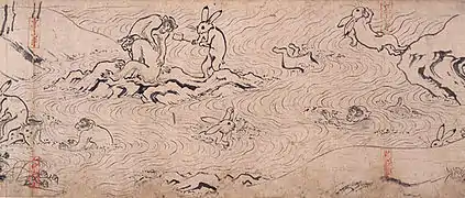 Monkeys and rabbits bathing, Chōjū-jinbutsu-giga, c. 12th century.