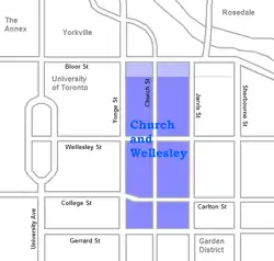 Map of the neighbourhood. The office towers along Bloor are generally not considered part of the village