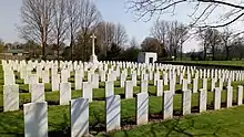 A cemetery with rows of evenly spaced white headstones