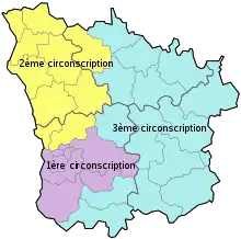 map showing the three constituencies of Nièvre prior to 2010