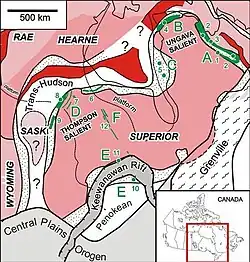 Map of cratons, orogenies and the Circum-Superior Belt. Areas associated with the Circum-Superior Belt include: A = New Quebec Orogen, B = Cape Smith Belt, C = Eastern Hudson Bay, D = Thompson region, E = Animikie Basin, F = Western interior of Superior craton.