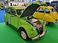 A Citroën 2CV retrofitted with an electric drivetrain on display