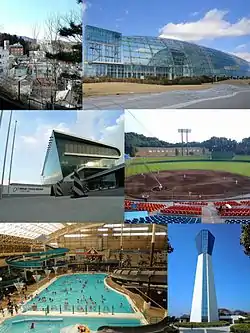 Top: Iwaki Yumoto Onsen, Aquamarine Fukushima
Middle: Iwaki-Taira Velodrome, Iwaki Green StadiumBottom: Spa Resort Hawaiians, Iwaki Marine Tower