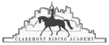 The Claremont Riding Academy logo, a black-and-white drawing showing the silhouette of a horse and rider, stylized bushes behind them, and a stylized city skyline behind the bushes. At bottom, square letters spell out Claremont Riding Academy.