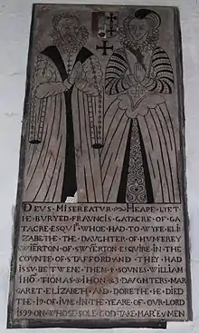 Tombstone of Francis Gatacre (died 1599) and Elizabeth Swynnerton, daughter of Humphrey Swynnerton. The stone is now mounted on a wall in the south chapel of All Saints church.