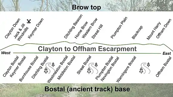 Clayton to Offham escarpment from west to east, the bostal bases and the brow top