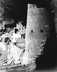 Round tower, Cliff Palace in 1941.A 1941 photograph of Cliff Palace by Ansel Adams