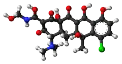 Ball-and-stick model of the clomocycline molecule