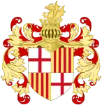 Barcelona coat of arms (17th-18th Centuries) with the Royal Winged Dragon (Vibra) crown and the helmet