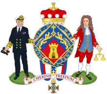 Arms of Margaret Thatcher, with Isaac Newton and a Royal Navy Admiral as supporters.