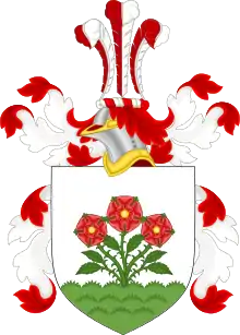 The coat of arms (a canting arms) of Roosevelt, whose name means “rose field” in Dutch.