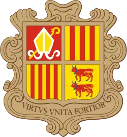 Arms of dominion of the Co-Princes of Andorra; Joan Enric Vives Sicília and Emmanuel Macron