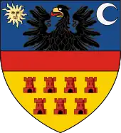 Blue, red and yellow shield with an eagle, the sun, moon and seven castle turrets