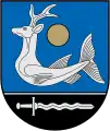 A coat of arms depicting a grey animal with the body of a fish and the head of a deer on a blue background at the top and a sword on the bottom