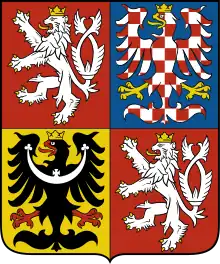 Greater coat of arms of the Czech Republic. In the upper dexter and the lower sinister quarters are the lion of Bohemia, in the upper sinister the Moravian chequered eagle, in the lower dexter the black Silesian eagle.