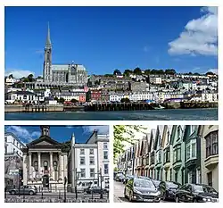 Clockwise from top: Cobh and St Colman's Cathedral as seen from Cobh Harbour; a row of Victorian houses known locally as the "deck of cards"; and the neoclassical former Methodist Church