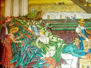 Industry both in the city and out in the fields was an important theme in the murals.(Maxine Albro, Agriculture in California  13 )