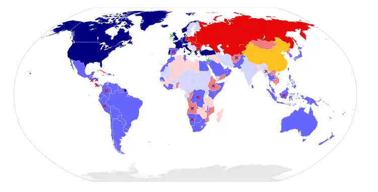 Image 11The world map of military alliances in 1980:    NATO & Western allies,     Warsaw Pact & other Soviet allies,   Non-aligned countries,   China and Albania (communist countries, but not aligned with USSR), ××× Armed resistance (from Portal:1980s/General images)