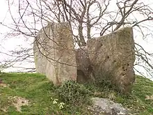 Three large stone slabs emerging from a grassy mound.