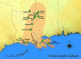 Image 12A map showing the extent of the Coles Creek cultural period and some important sites (from History of Louisiana)