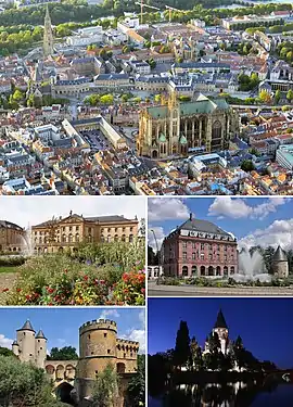 Clockwise from top: overview of city center (with Cathedral of Saint Stephen), Imperial Quarter, Temple Neuf, Germans' Gate, Opéra-Théâtre (place de la Comédie)