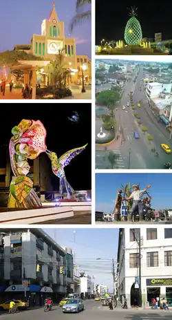 From top, left to right: St. Francis of Assisi Central Church, monument to the Pineapple, 17th September avenue, monument to the Hummingbird, monument to the Harvester, 9th October street.