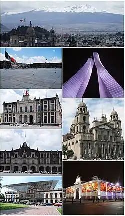 Above, from left to right: Panoramic view with the snow-capped mountain in the background, the Plaza de los Mártires, the Torres Bicentenario, the Municipal Palace of Toluca, the Cathedral of Toluca, the Government Palace of the State of Mexico, the Cosmovitral Botanical Garden, and the Model Museum of Sciences and Industry.