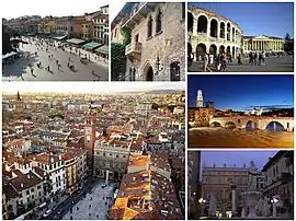 Clockwise from top left: view of Piazza Bra from Verona Arena; House of Juliet; Verona Arena; Ponte Pietra at sunset; Statue of Madonna Verona's fountain in Piazza Erbe; and view of Piazza Erbe from Lamberti Tower