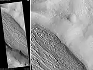 Lineated valley fill in Coloe Fossae, as seen by HiRISE. Scale bar is 500 meters long. Location is Ismenius Lacus quadrangle.