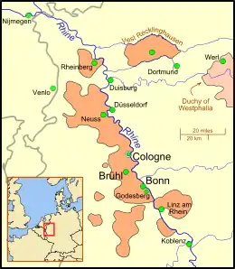 Outline map shows a long narrow territory on a blue line (river). Several dots represent key cities and towns of the territory; additional dots show a few important cities outside of the outlined area.