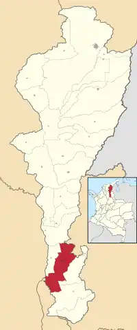 Location in the Department of Cesar. Municipality (red), City (dark gray).