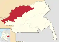 Location of Barranco Minas in the Guainía Department of Colombia. It is located at 3° 29' North, 69° 48' West.