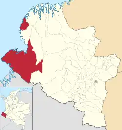 Location of the municipality (red) and city (dark gray) of Tumaco in the Nariño Department.