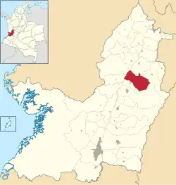 Location of the municipality and town of Bugalagrande in the Valle del Cauca Department of Colombia.