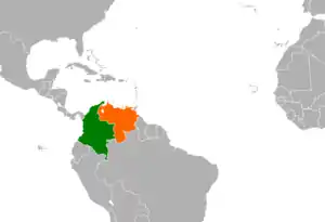 Map indicating locations of Colombia and Venezuela