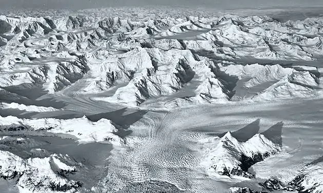 Great Nunatak in lower right corner, 1993. (Columbia Peak centered)