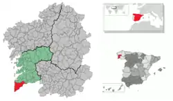 Location of the comarca of O Baixo Miño within Galicia.