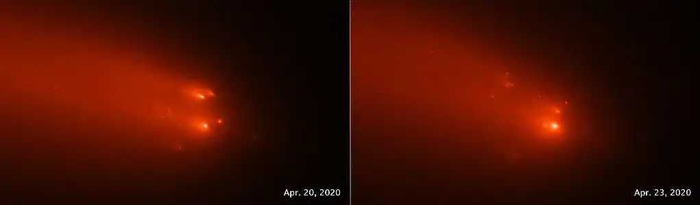 This pair of NASA/ESA Hubble Space Telescope images of comet C/2019 Y4 (ATLAS), taken on April 20 and April 23, 2020, reveal the breakup of the solid nucleus of the comet.