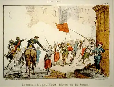 Commune barricade with female soldiers at Place Blanche