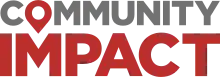 There are two words of equal length in its logo. One word, "Community", is stacked on top of the other, "Impact". "Community" is colored gray and "Impact" red, with the "O" in "Community" being of the same color as "Impact" and being pointed at the bottom toward the middle of the "M" in the latter.