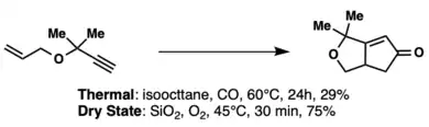 Original reaction: 24 hours at 60°C with 30% yield.  Dry reaction: silica, oxygen, 45°C for 0.5 hours for 75% yield.