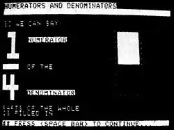 Screenshot from Numerators and Denominators less in Compu-Math: Fractions, 1980.