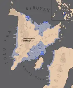 A map of the Confederation of Madja-as according to the Maragtas by Pedro Monteclaro (1907) as well as municipal and provincial historical accounts.