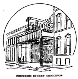 A train station is depicted in a newspaper sketch, with a humped canopy and an implied track (this is from street view) to the viewer's right. There is no station house present, as that was served by an adjacent building, here to the viewer's left of the platform.