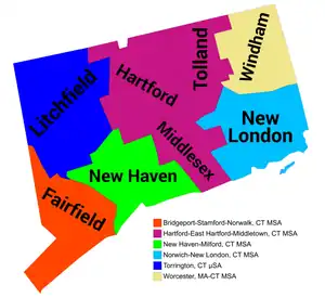 Map of the six core-based statistical areas in Connecticut.