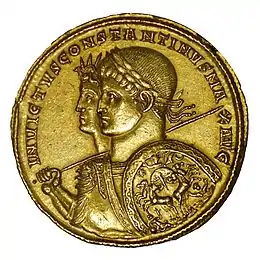 A coin struck in 313, depicting Constantine as the companion of a solar deity