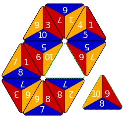 Ex. B: Scores 50 points for a three-tile adjacent opportunity play (10+10 gold, 9+6 red, and 8+7 blue)