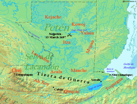 Northern Guatemala is a flat lowland plain dropping off from the Cuchumatanes mountain range sweeping across in an arc to the south. To the east of the mountains is the large lowland Lake Izabal, with an outlet into the Amatique Bay to the east, which itself opens onto the Gulf of Honduras. Immediately north of the mountains is the Lacandon forest, with Petén to the northeast. Ystapalapán was a settlement in the western Cuchumatanes, in the territory of the Chuj. Cobán was in Qʼeqchiʼ territory, in the foothills half way between Ystapalapán in the west and Lake Izabal in the east. Xocolo was at the northeastern extreme of Lake Izabal, where it flows out towards the sea. Nito, also known as Amatique, was on the coast where the river flowing out of the lake opened into the Amatique Bay. The area south of the lake was Toquegua territory. The Manche occupied the lands to the northwest of the lake, with the Acala to their west between the Manche and the Chuj. The Lacandon were northwest of the Acala, straddling the border with Mexico. Lake Petén Itzá was in the centre of Petén, to the north. It was the location of Nojpetén, with the Itza lands stretching southwards from the lake. To the east of the Itza and northeast of the Manche were the Mopan, on the border with Belize. North of the Mopan were the Yalain, east of Lake Petén Itzá. The Kowoj were to the northeast of the lake and the Kejache to the northwest. The "Tierra de Guerra" ("Land of War") covers a broad northern swathe of the mountains and the southern portion of the lowlands.