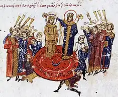 Coronation of Michael I from the 12th-century Madrid Skylitzes, probably drawn from an earlier unrelated source.