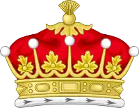 Illustration of a coronet shown from the side with four strawberry leaves and five silver balls on stalks visible